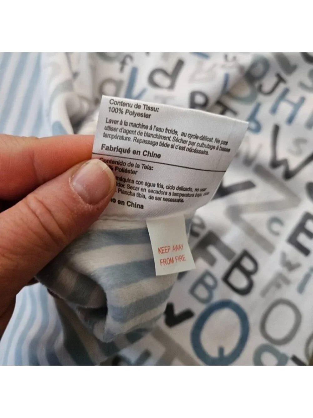 NEW 119741 Reversible Fleece Baby Blanket Gray Blue Letters Alphabet Stripes
